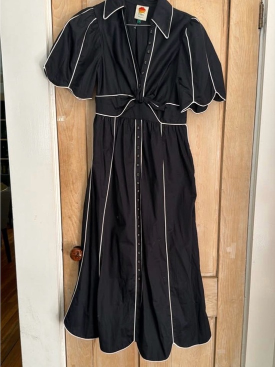 FARM Rio Dresses & Skirts - Black Midi Dress with White Piping - Tie Front, Button-Down